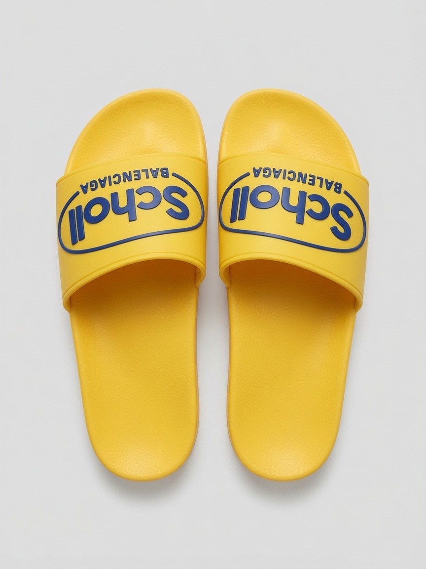 Balenciaga Yellow Slides With Navy Logo